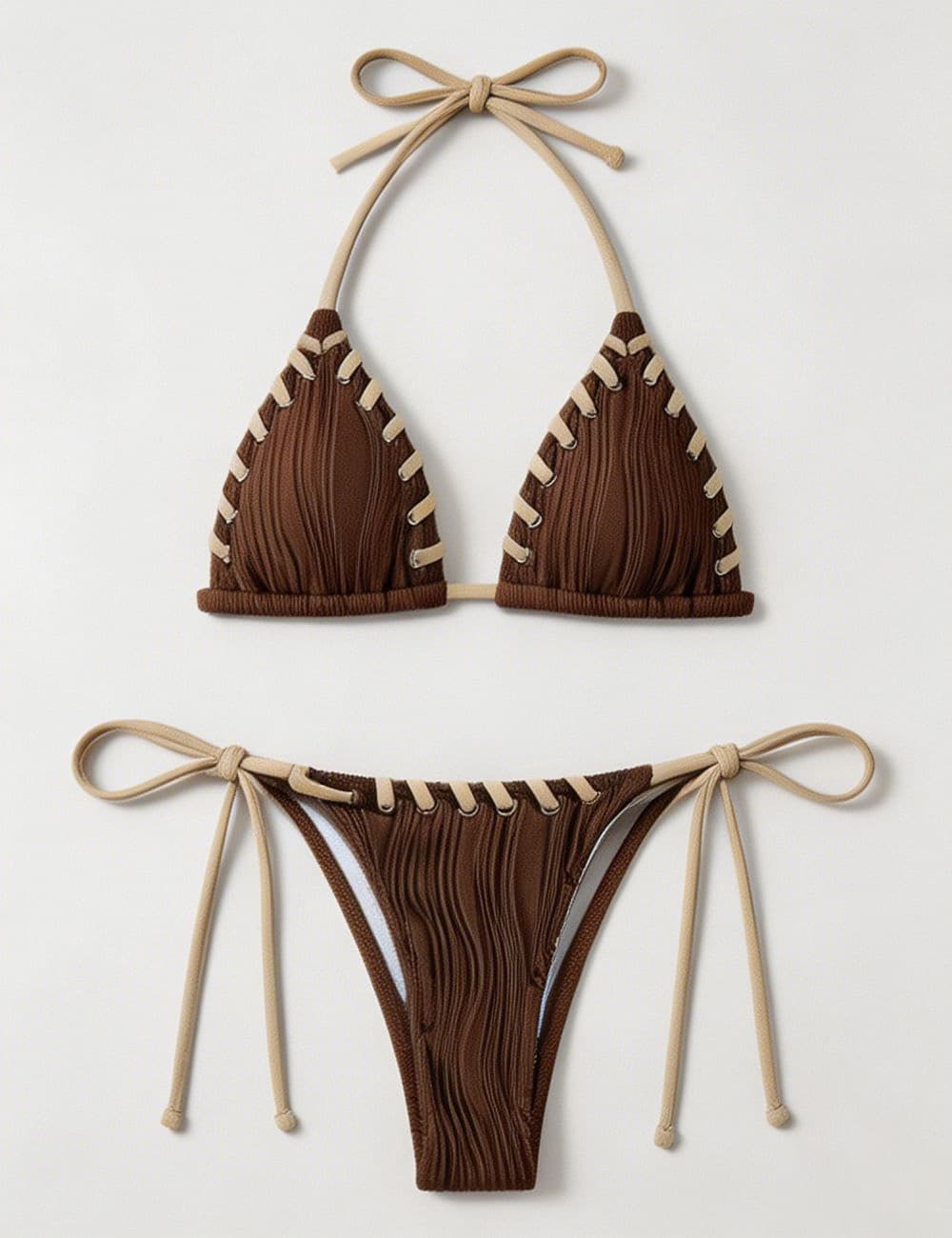Ladies Braided Trim Ribbed Halter Triangle 2 Piece Bikini Set
