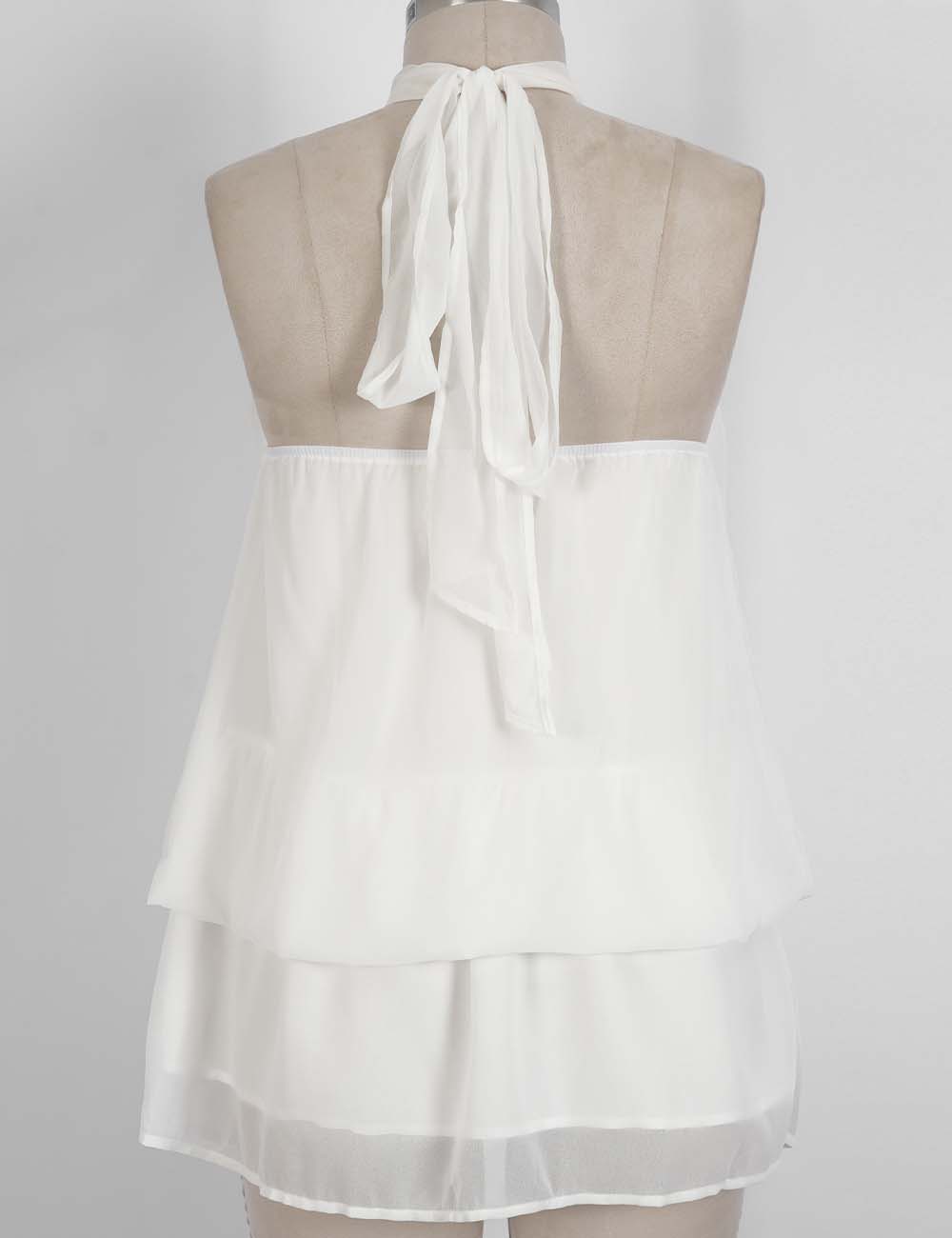 Ladies Chiffon Stand Neck Solid Color Ruffle Hem Sleeveless Top
