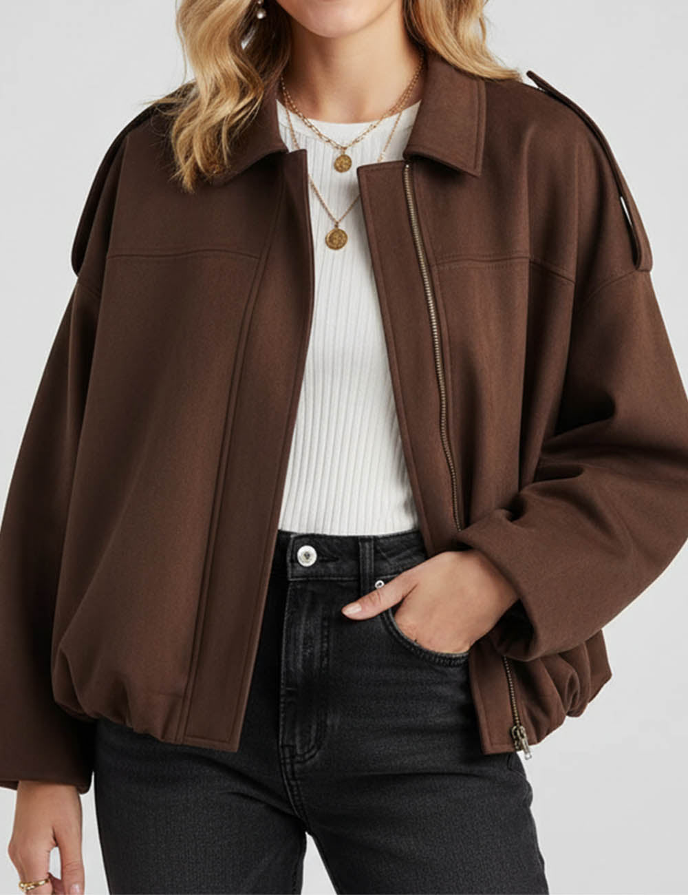 Ladies Faux Suede Bomber Jacket Shirt Collar Zip-Up Coat