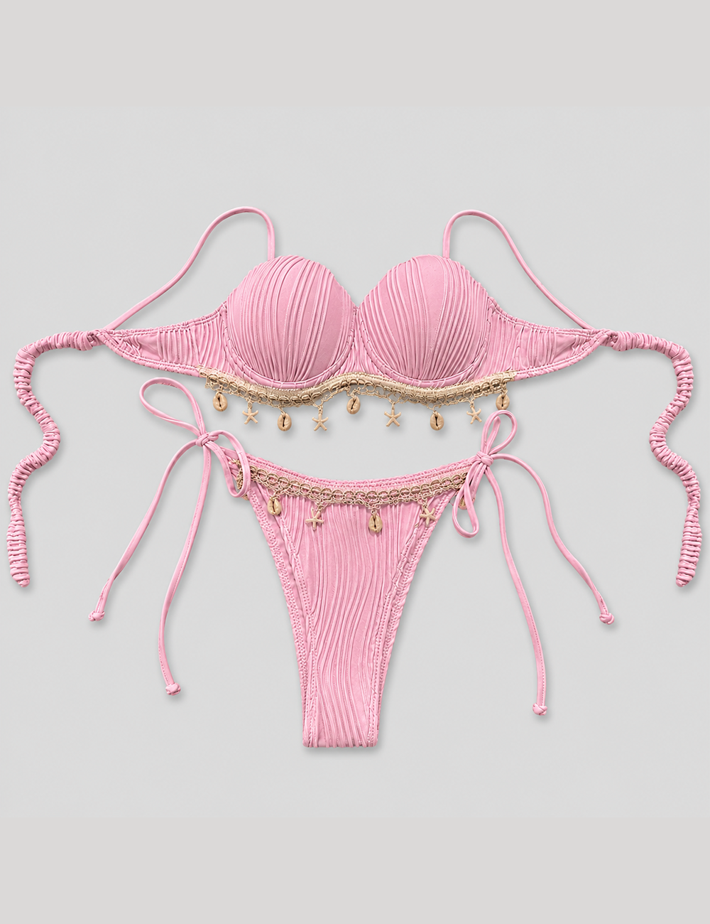 Ladies Solid Color Shell Decor Sweetheart Neck Bikini Set