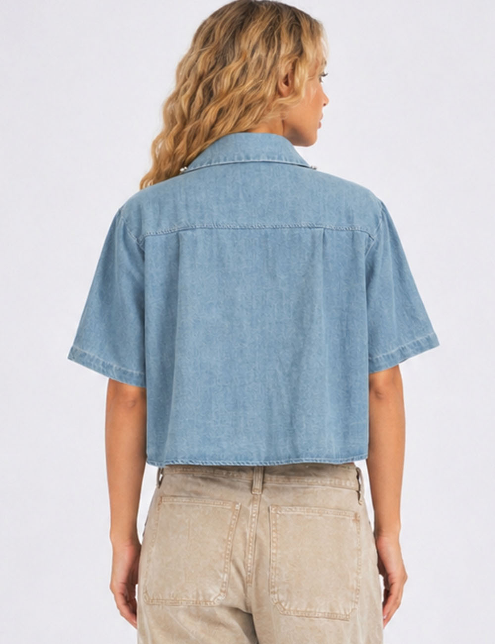 Ladies Rhinestone Shirt Collar Short Sleeves Button-Up Denim Top