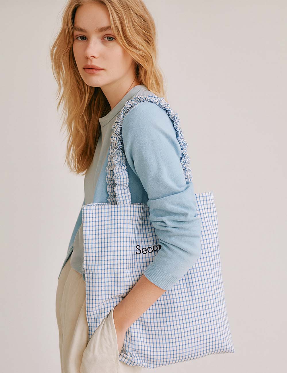 Ladies Plaid Gingham Letter Embroidery Shoulder Tote Bag
