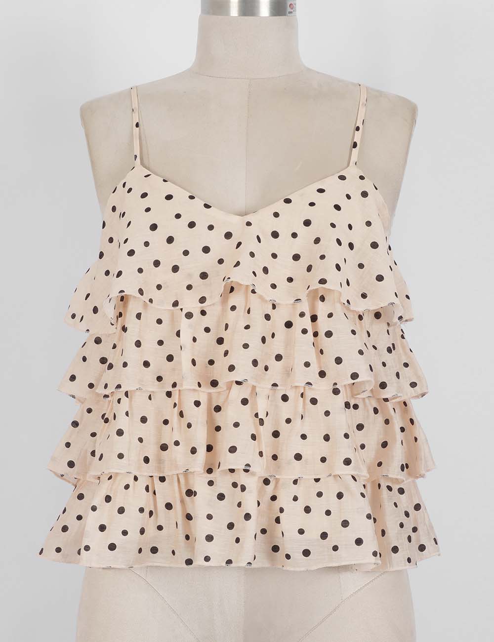 Ladies Polka Dot Print Layered Ruffle Spaghetti Strap Cami Top