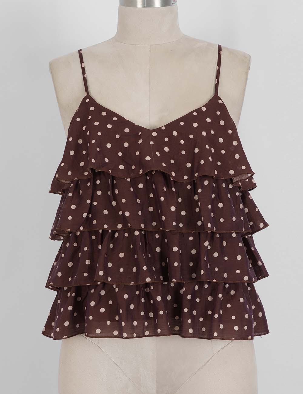 Ladies Polka Dot Print Layered Ruffle Spaghetti Strap Cami Top