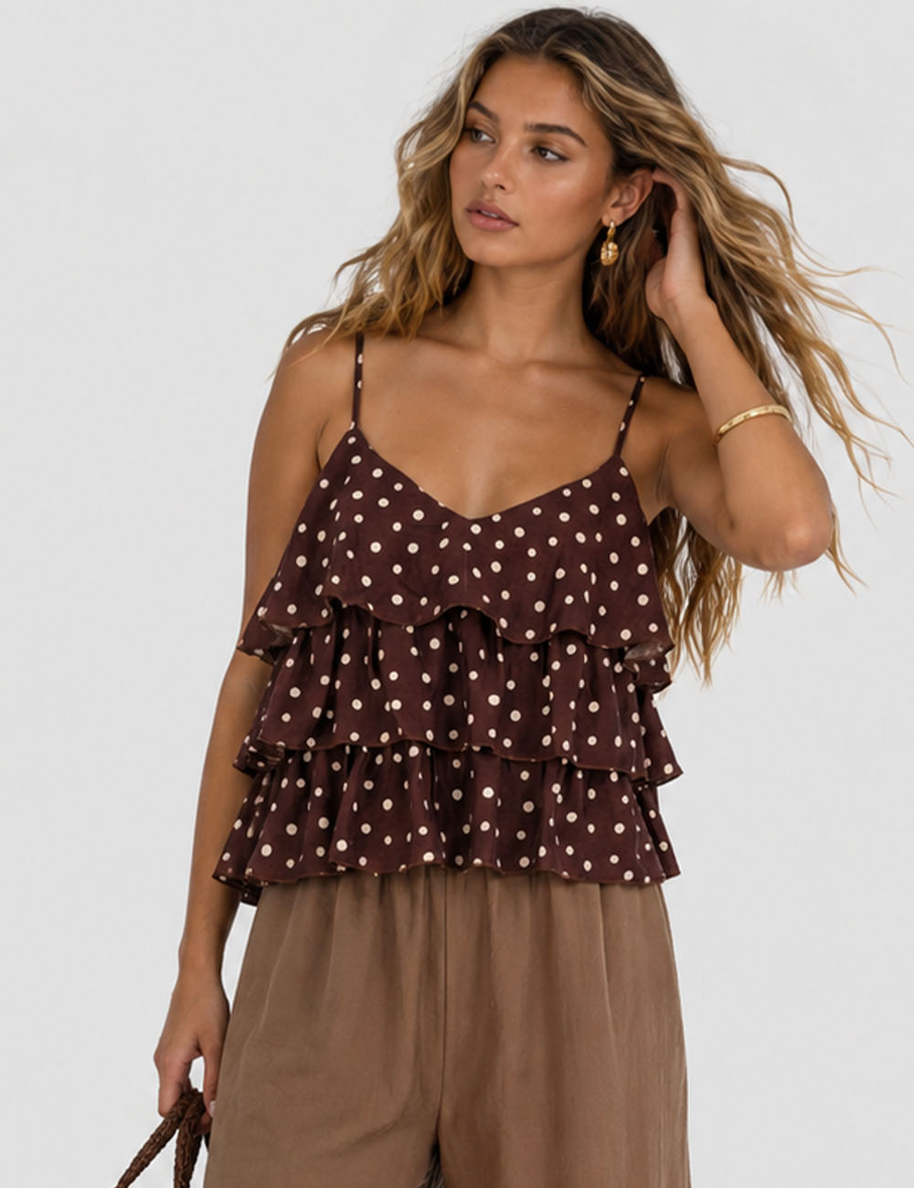 Ladies Polka Dot Print Layered Ruffle Spaghetti Strap Cami Top