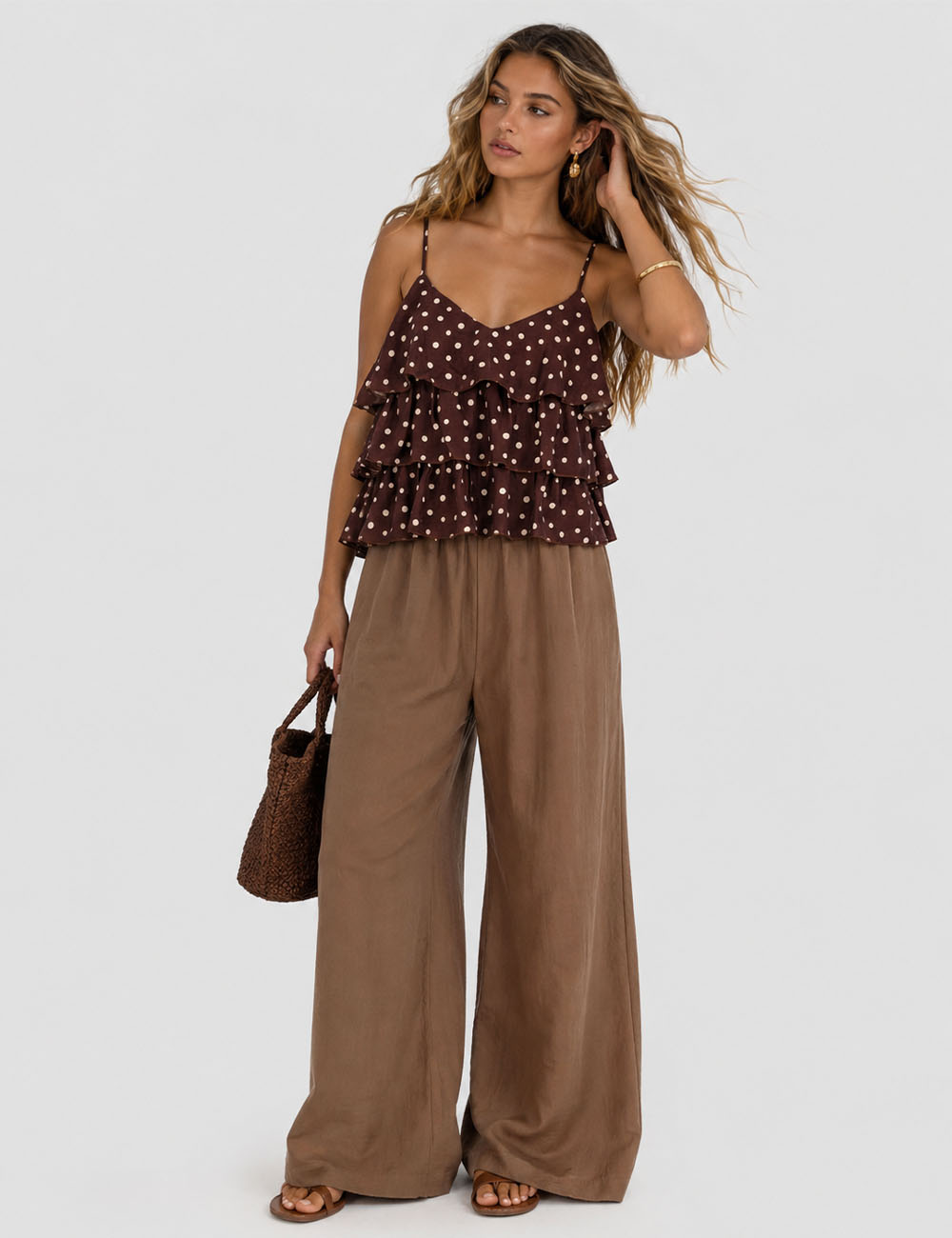 Ladies Polka Dot Print Layered Ruffle Spaghetti Strap Cami Top