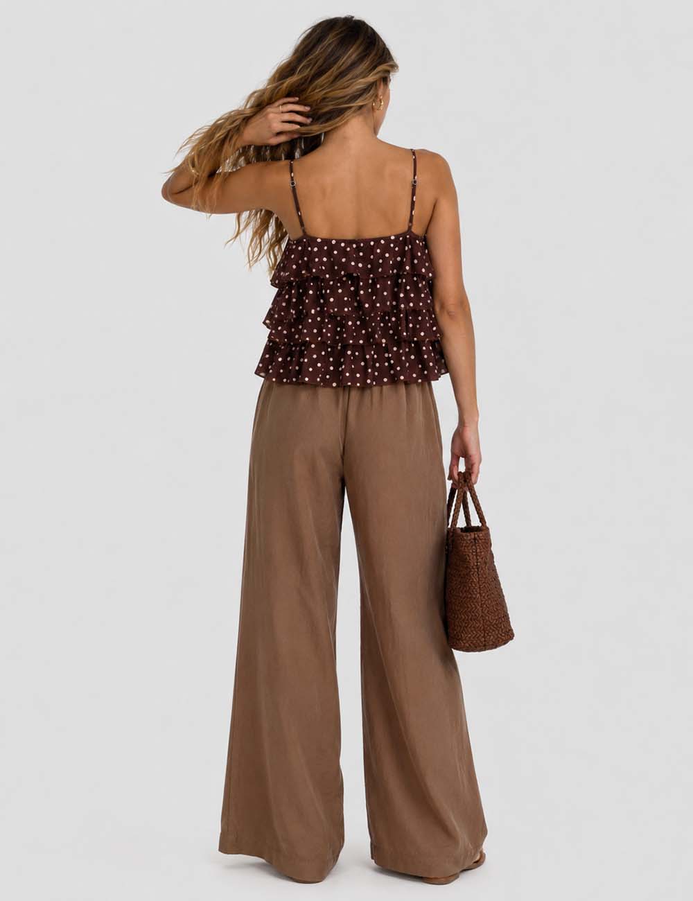 Ladies Polka Dot Print Layered Ruffle Spaghetti Strap Cami Top