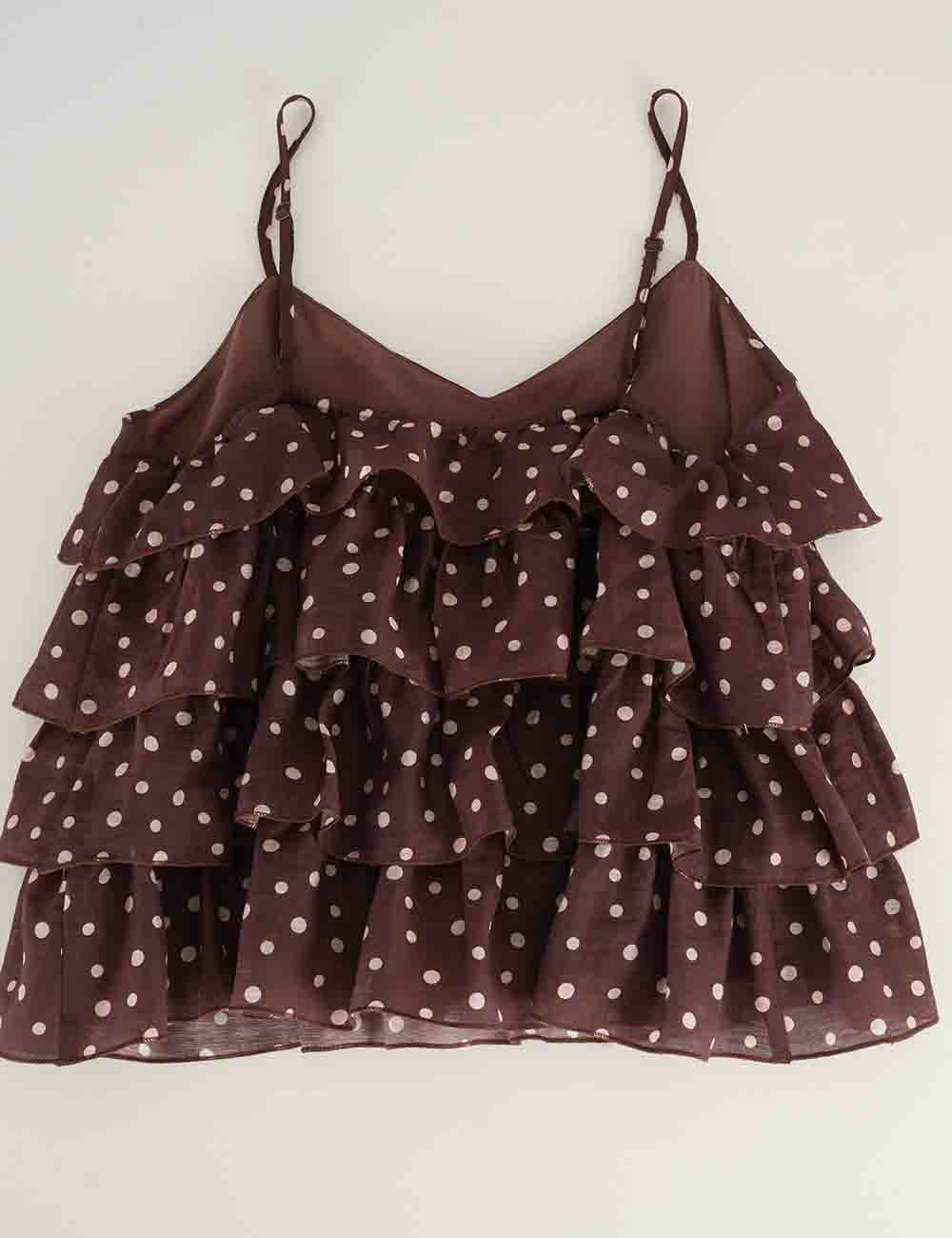 Ladies Polka Dot Print Layered Ruffle Spaghetti Strap Cami Top