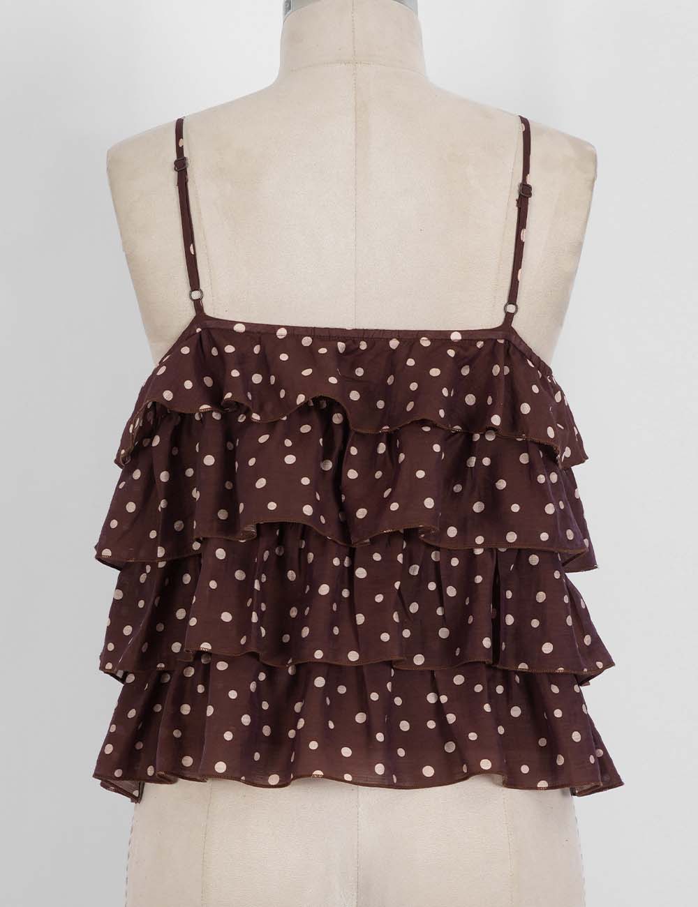 Ladies Polka Dot Print Layered Ruffle Spaghetti Strap Cami Top
