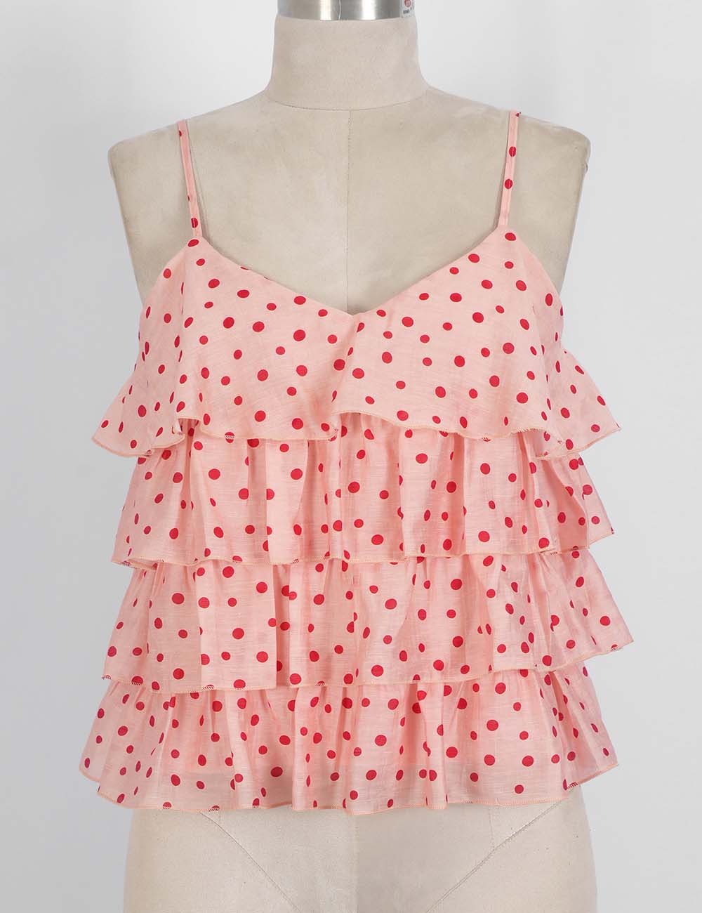 Ladies Polka Dot Print Layered Ruffle Spaghetti Strap Cami Top