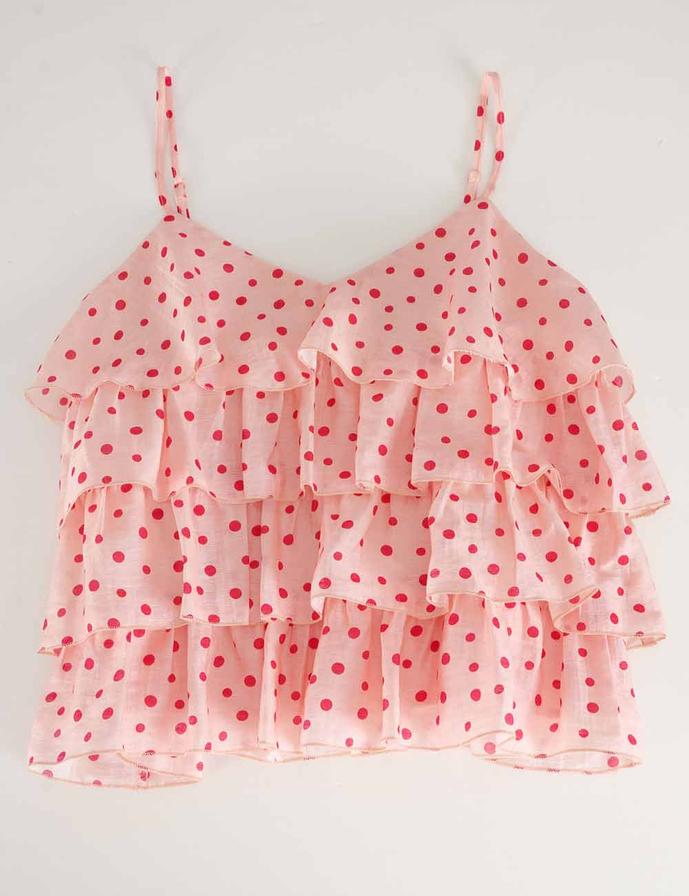 Ladies Polka Dot Print Layered Ruffle Spaghetti Strap Cami Top