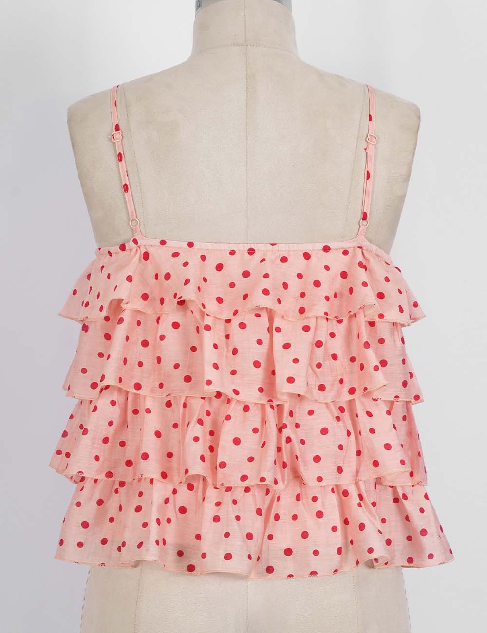 Ladies Polka Dot Print Layered Ruffle Spaghetti Strap Cami Top