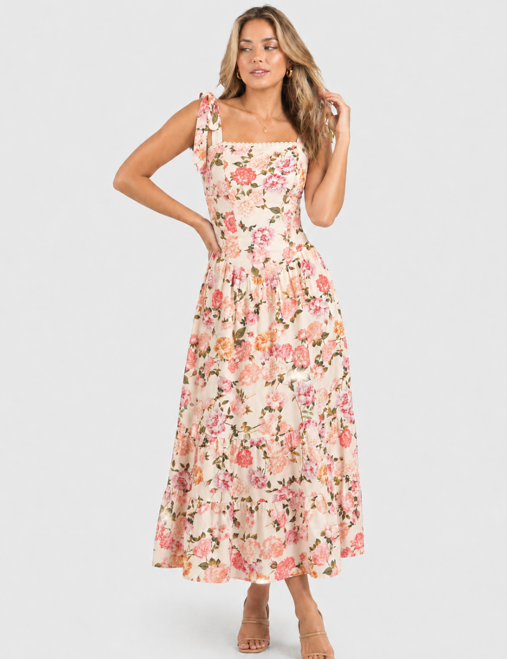 Ladies Floral Print Tie Strap Lace Trim Square Neck Midi Dress