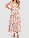 Ladies Floral Print Tie Strap Lace Trim Square Neck Midi Dress
