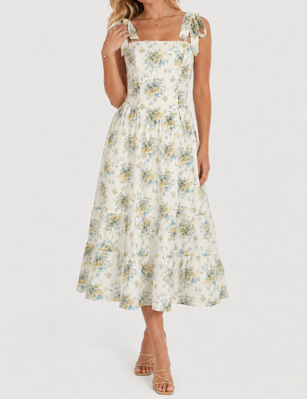 Ladies Floral Print Tie Strap Lace Trim Square Neck Midi Dress