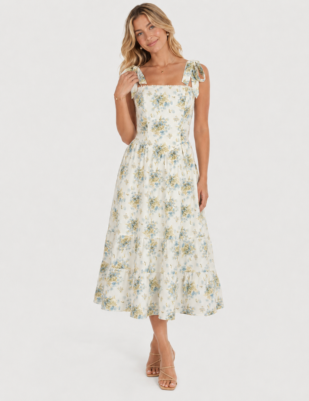 Ladies Floral Print Strap Shoulder Midi Dress