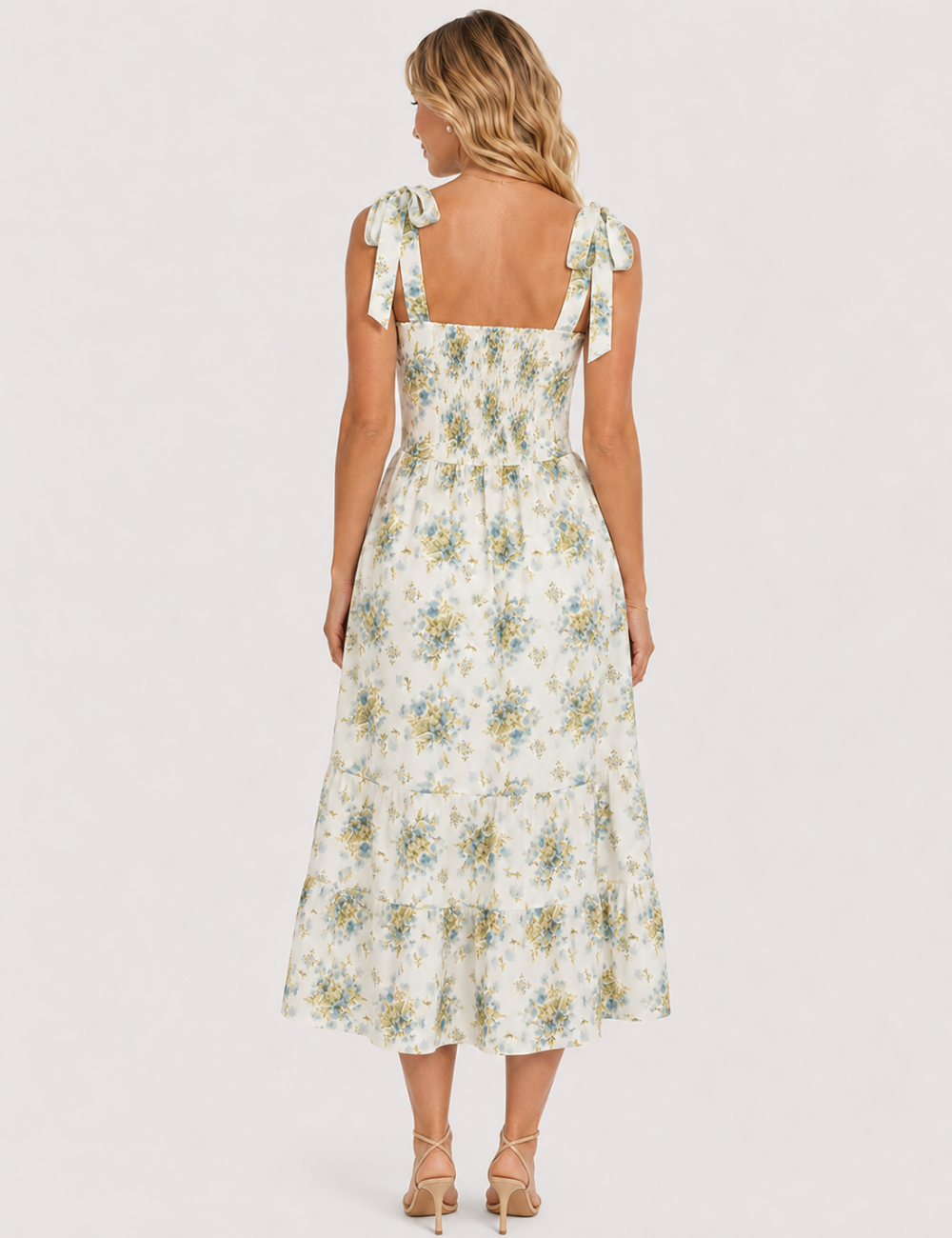 Ladies Floral Print Tie Strap Lace Trim Square Neck Midi Dress