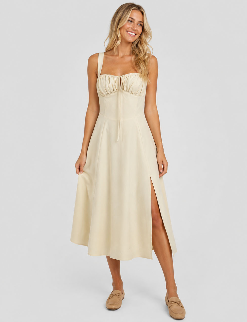 Ladies Square Neck Crisscross Lace-Up Back Solid Color Midi Dress