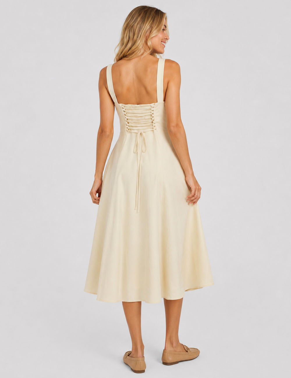 Ladies Square Neck Ruched Bust Side Split Midi Dress