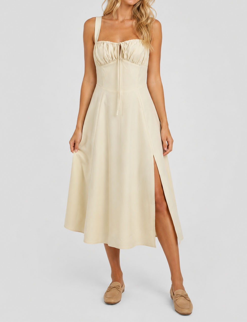 Ladies Square Neck Ruched Bust Side Split Midi Dress
