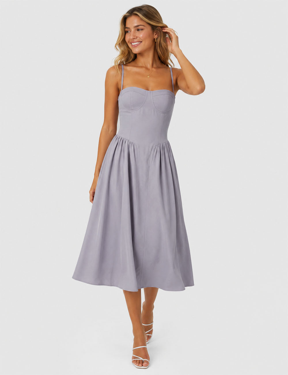 Ladies Chic Sweetheart Neck Corset Spaghetti Strap Midi Dress