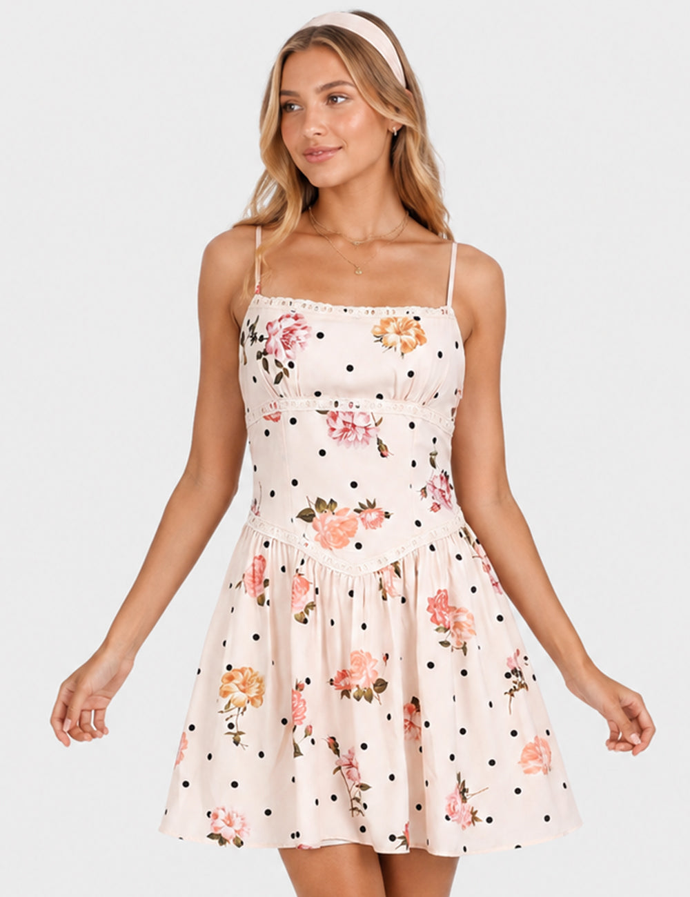 Ladies Polka Dot Floral Print Square Neck Cami Mini Dress