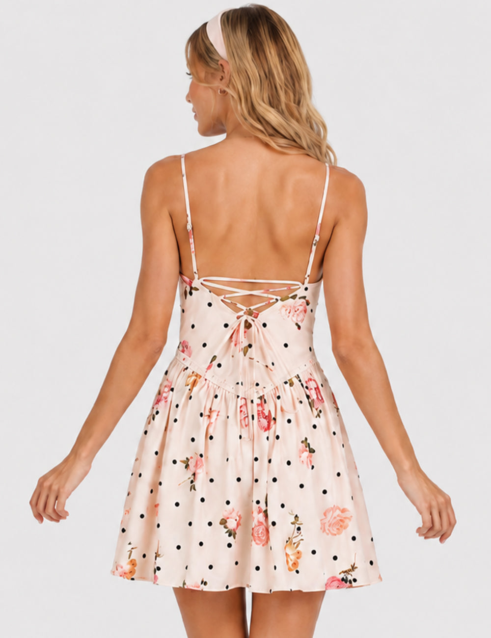 Ladies Polka Dot Floral Print Square Neck Cami Mini Dress