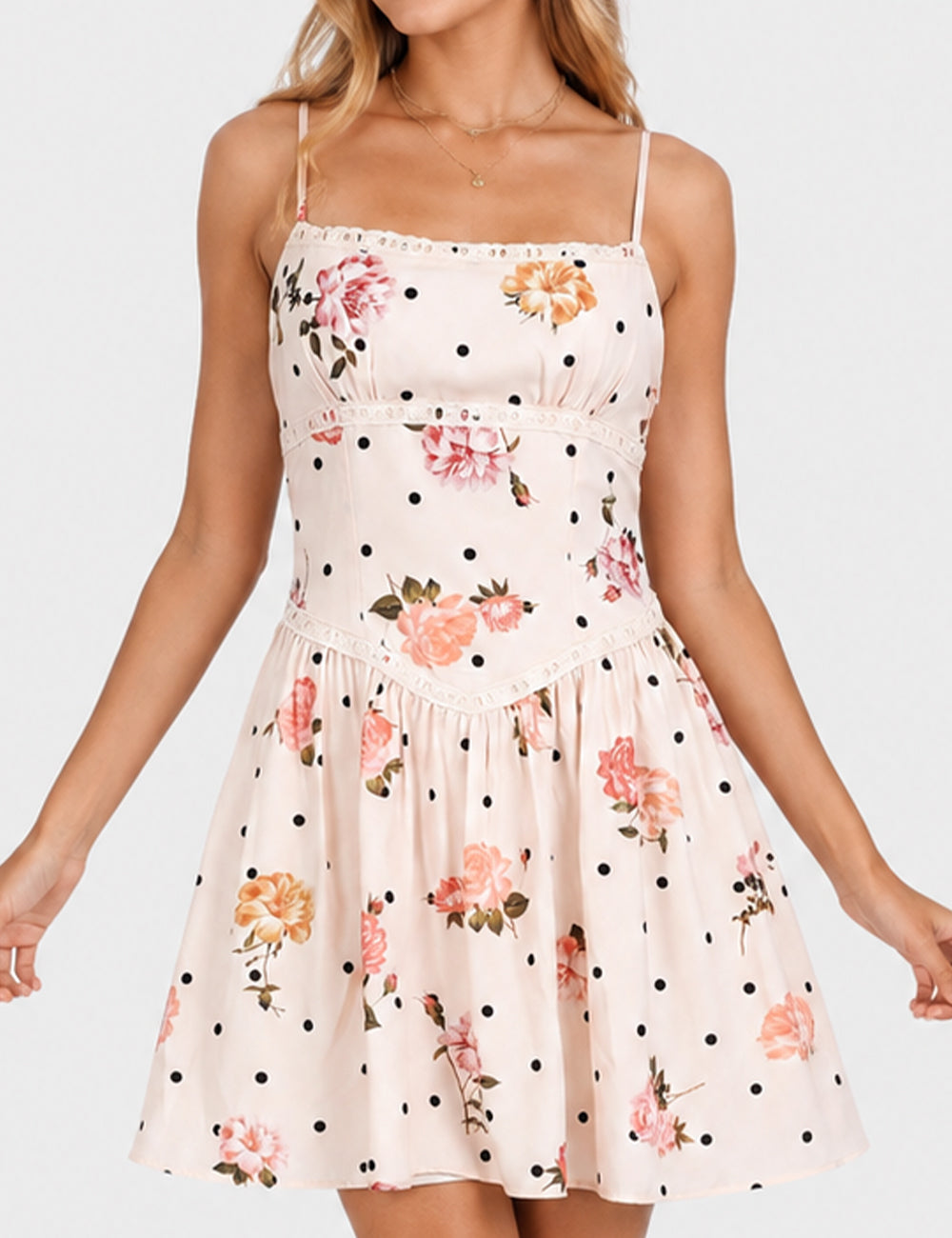 Ladies Polka Dot Floral Print Square Neck Cami Mini Dress