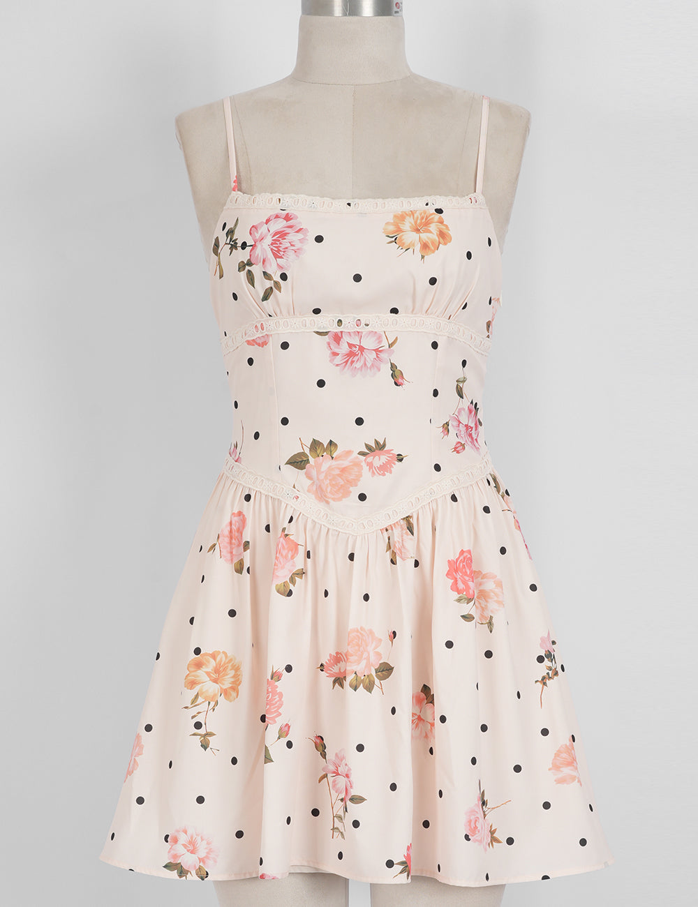 Ladies Polka Dot Floral Print Square Neck Cami Mini Dress