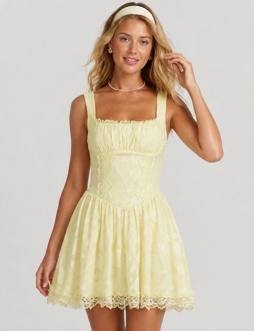 Ladies Floral Lace Square Neck Sleeveless Mini Dress