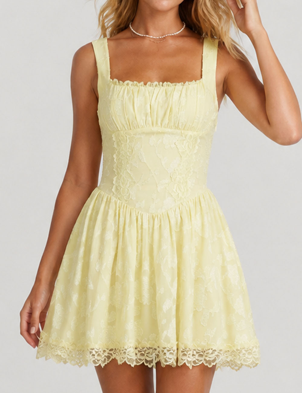 Ladies Floral Lace Square Neck Sleeveless Mini Dress