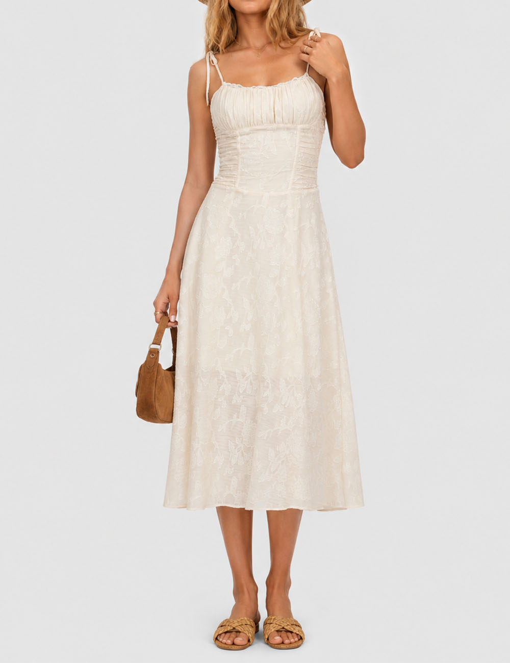 Ladies Romantic Floral Jacquard Ruched Tie Strap Cami Midi Dress