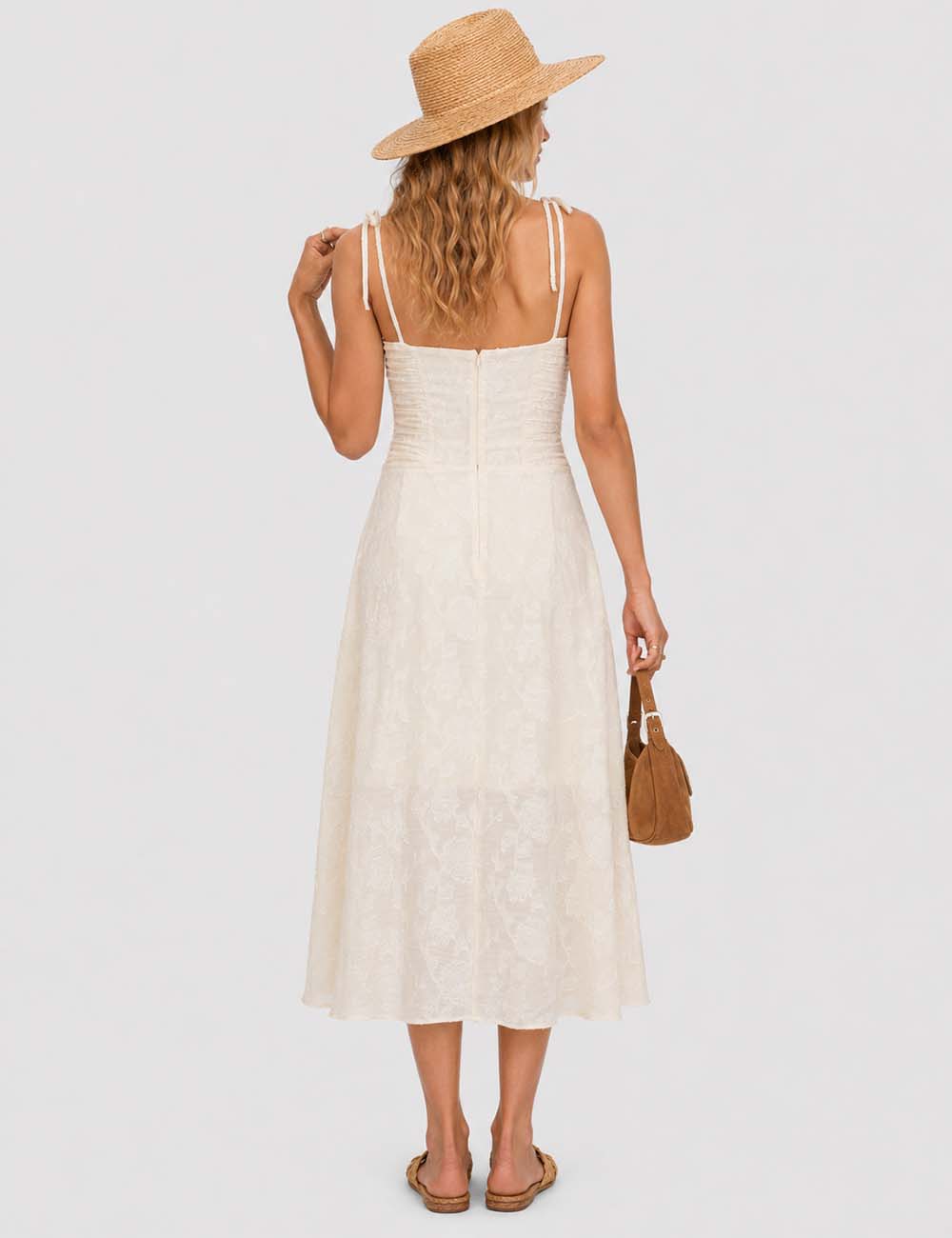 Ladies Romantic Floral Jacquard Ruched Tie Strap Cami Midi Dress