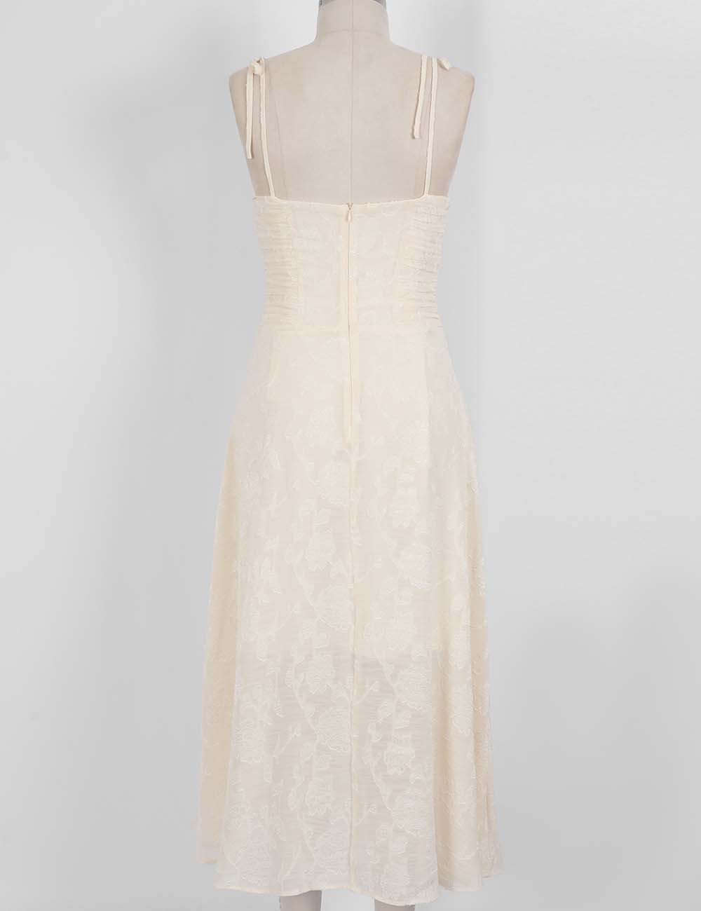 Ladies Romantic Floral Jacquard Ruched Tie Strap Cami Midi Dress