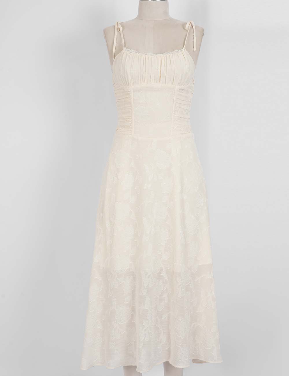 Ladies Romantic Floral Jacquard Ruched Tie Strap Cami Midi Dress