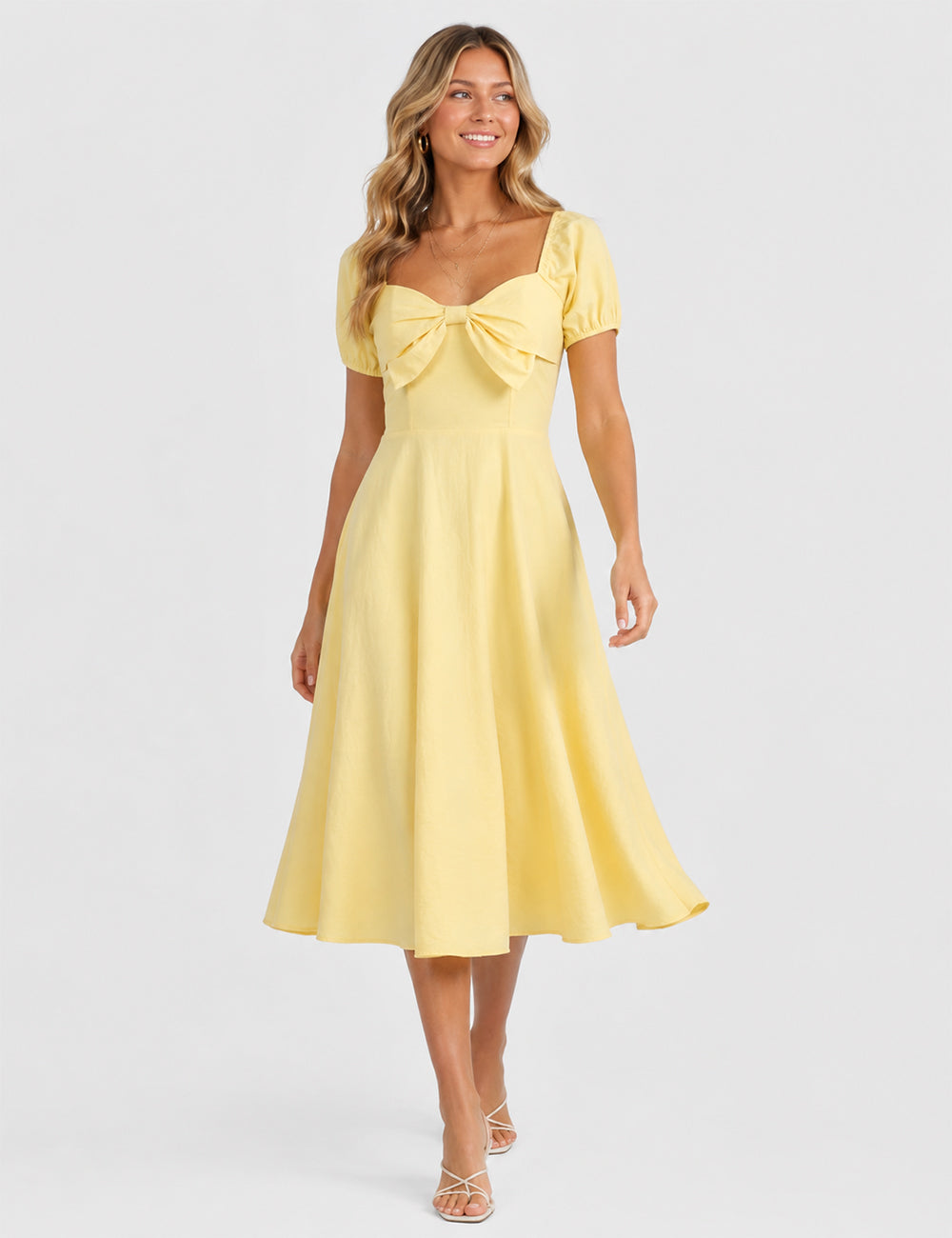 Ladies Bow Square Neck Solid Color Short Sleeves Midi Dress