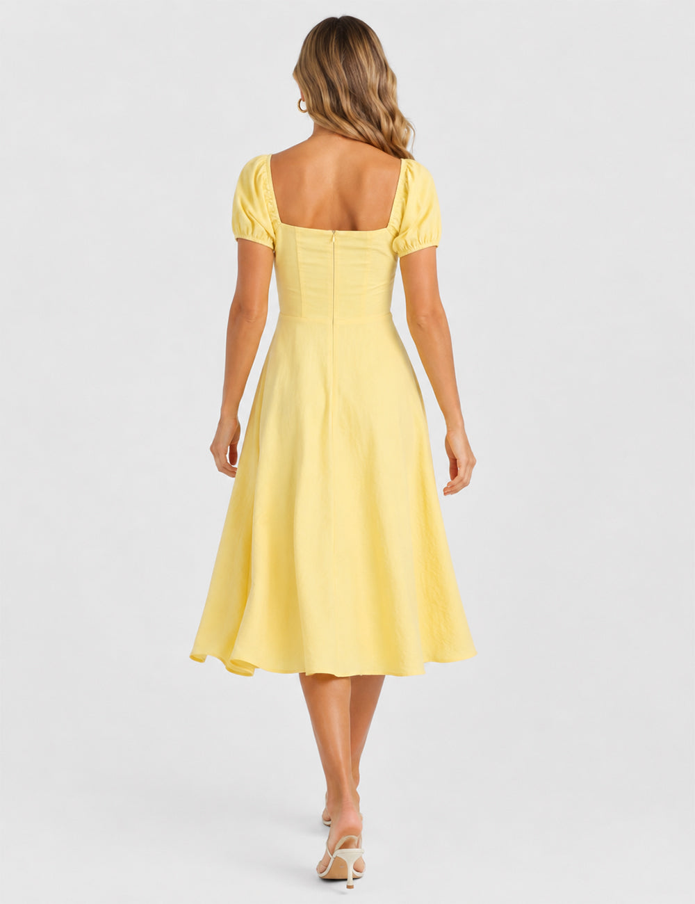 Ladies Bow Square Neck Solid Color Short Sleeves Midi Dress