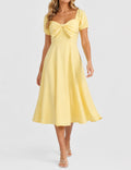Ladies Bow Square Neck Solid Color Short Sleeves Midi Dress