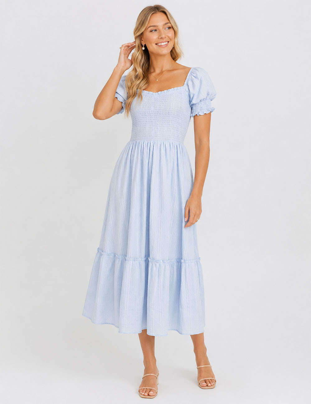 Ladies Romantic Dobby Textured Puff Sleeves Smocked Midi Dress