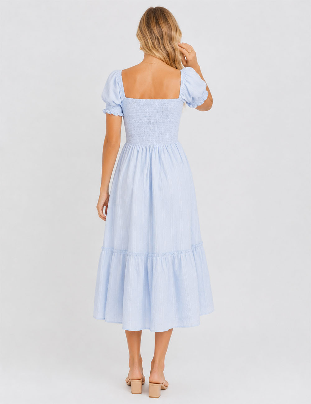 Ladies Romantic Dobby Textured Puff Sleeves Smocked Midi Dress