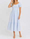 Ladies Romantic Dobby Textured Puff Sleeves Smocked Midi Dress