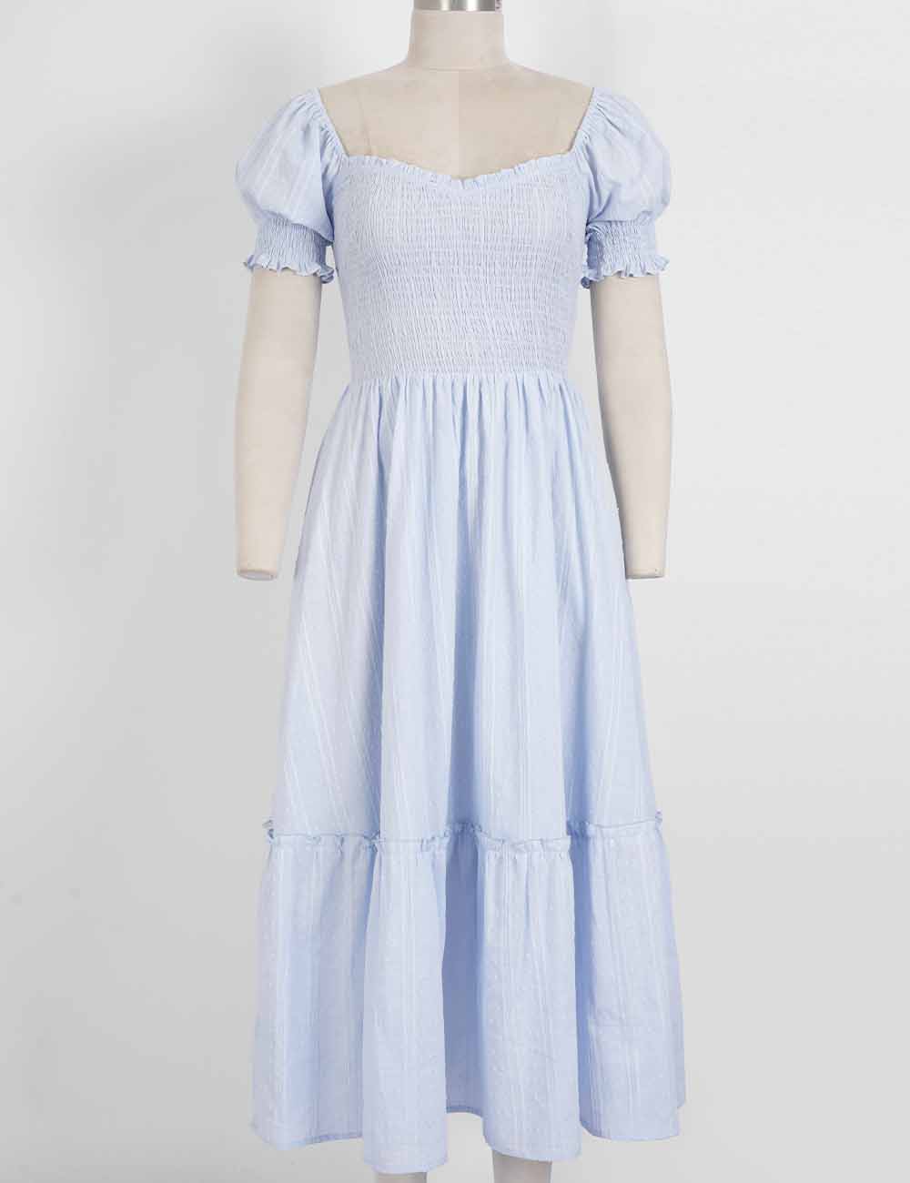 Ladies Romantic Dobby Textured Puff Sleeves Smocked Midi Dress