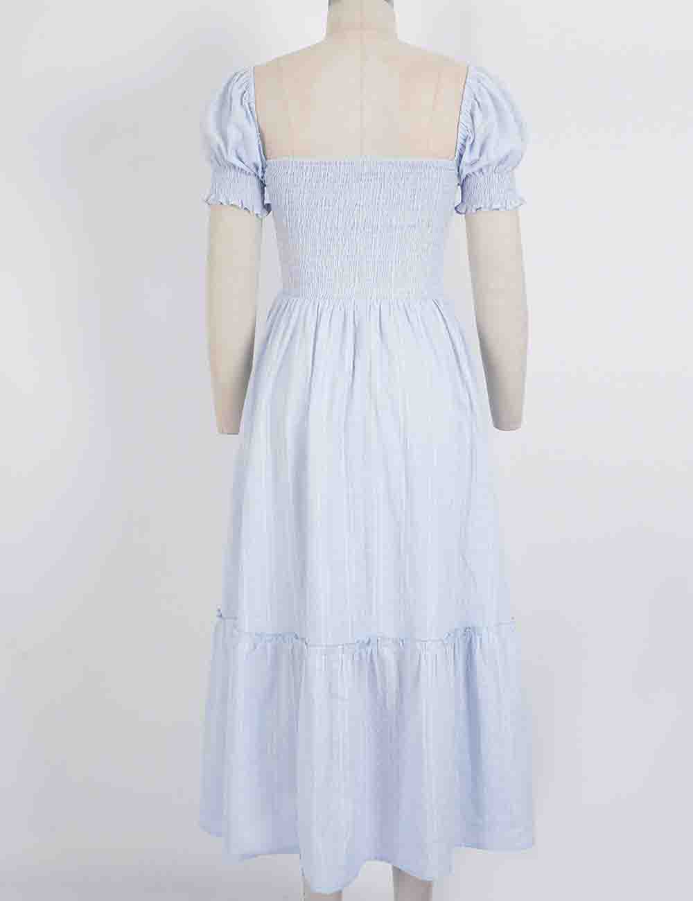 Ladies Romantic Dobby Textured Puff Sleeves Smocked Midi Dress
