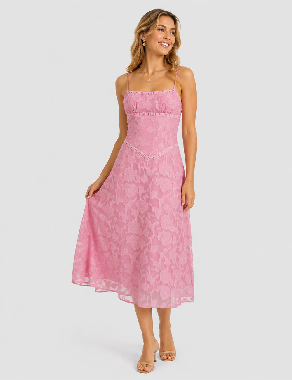 Ladies Elegant Floral Lace Square Neck Cami  Midi Dress