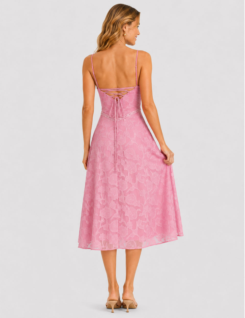 Ladies Elegant Floral Lace Square Neck Cami  Midi Dress