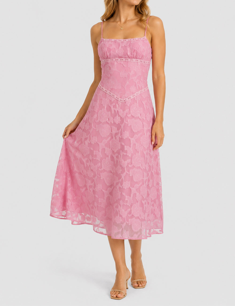 Ladies Elegant Floral Lace Square Neck Cami  Midi Dress