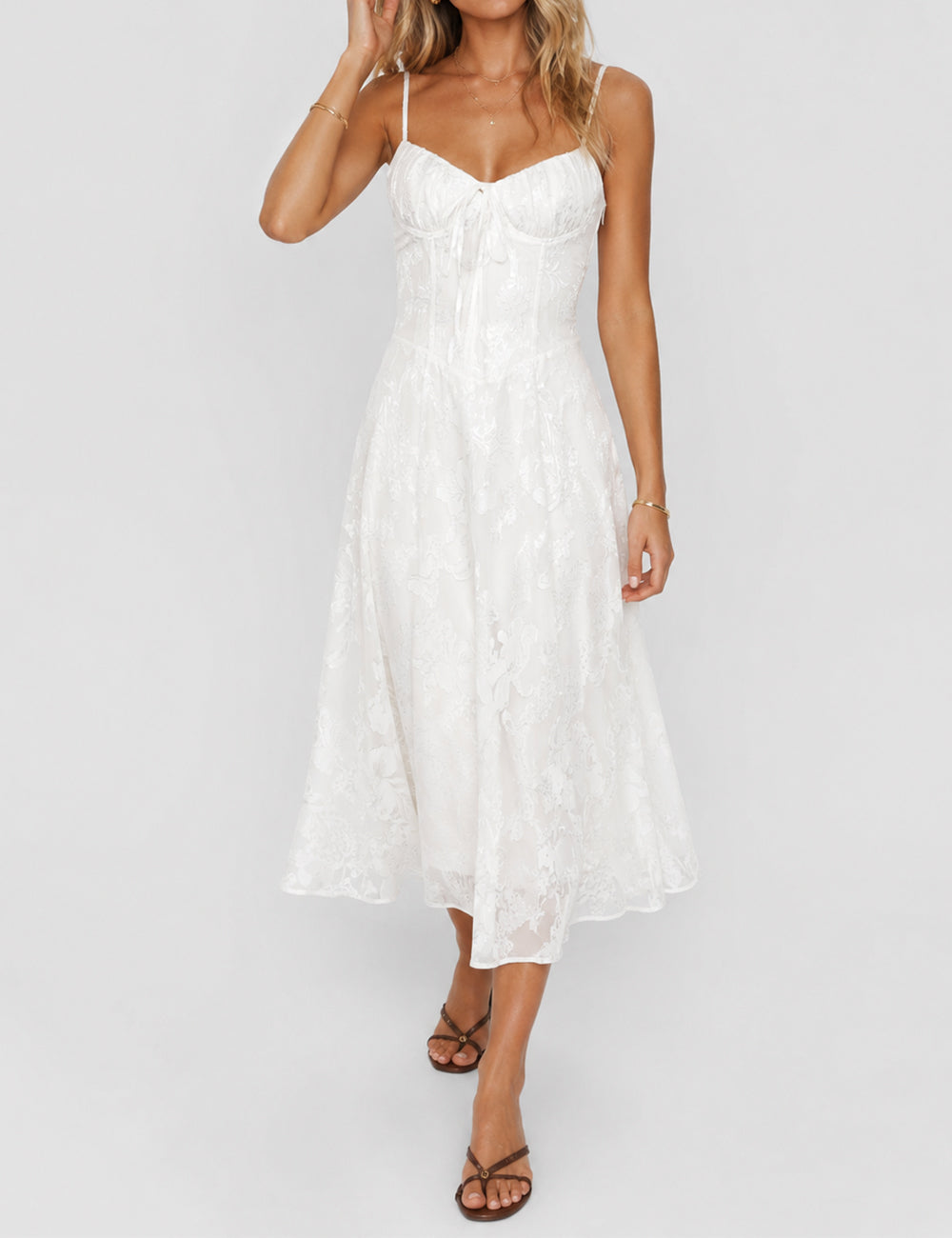 Ladies Elegant Corset Seamed Fitted Bodice Midi Dress