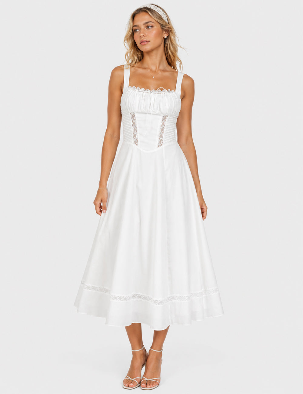 Ladies White Lace Trim Ruched Bust Midi Dress
