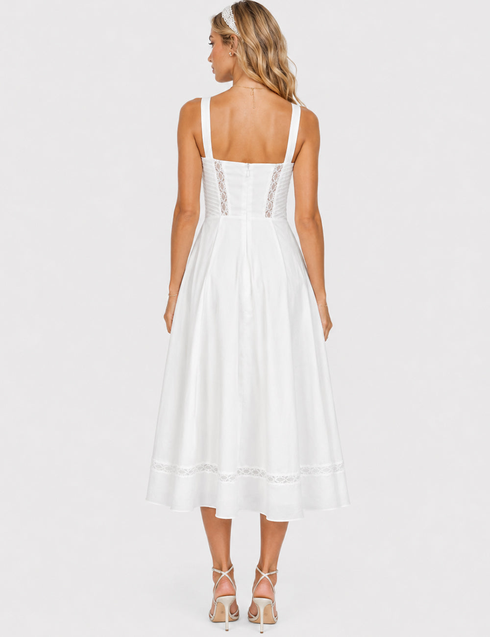 Ladies White Lace Trim Ruched Bust Midi Dress