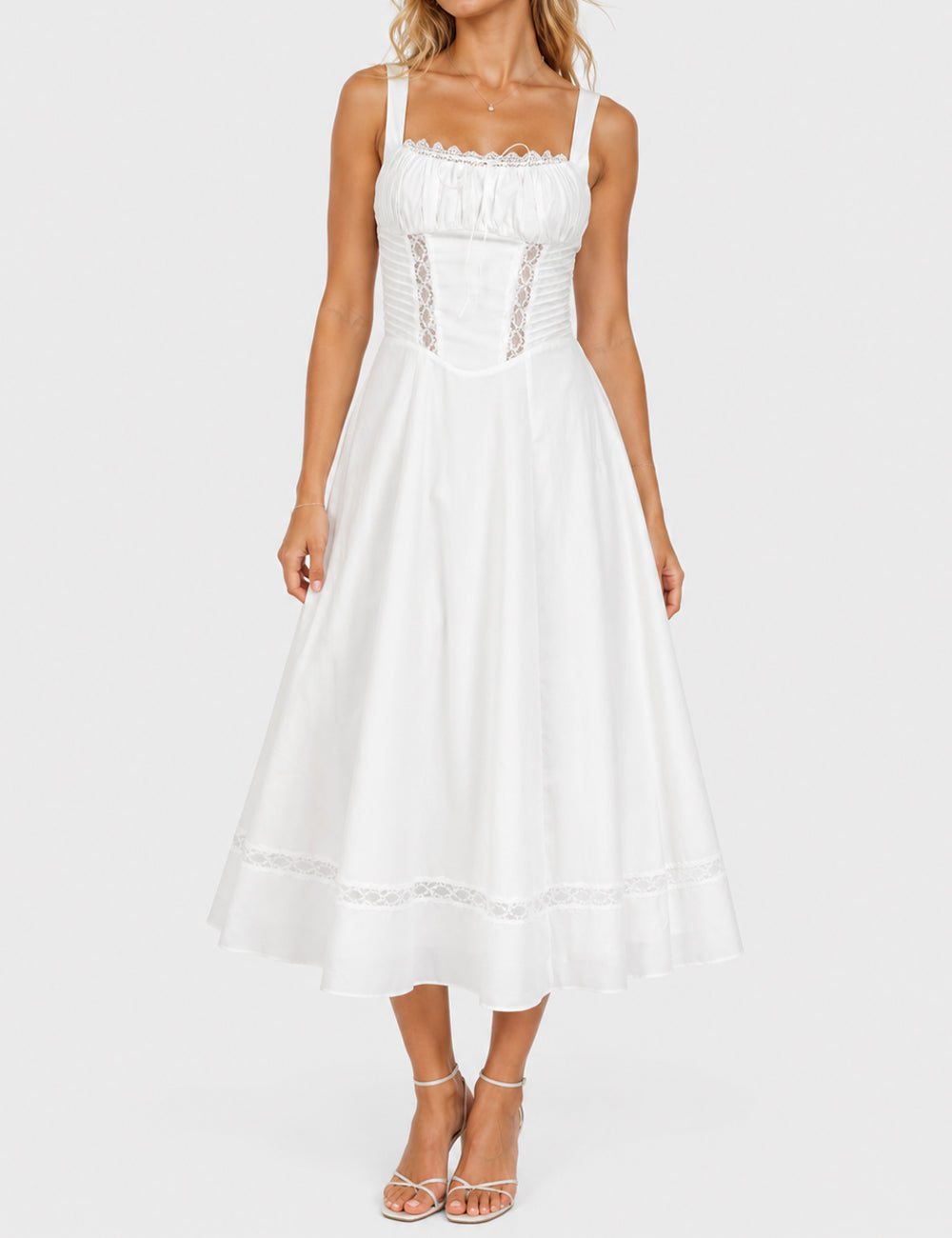 Ladies White Lace Trim Ruched Bust Midi Dress